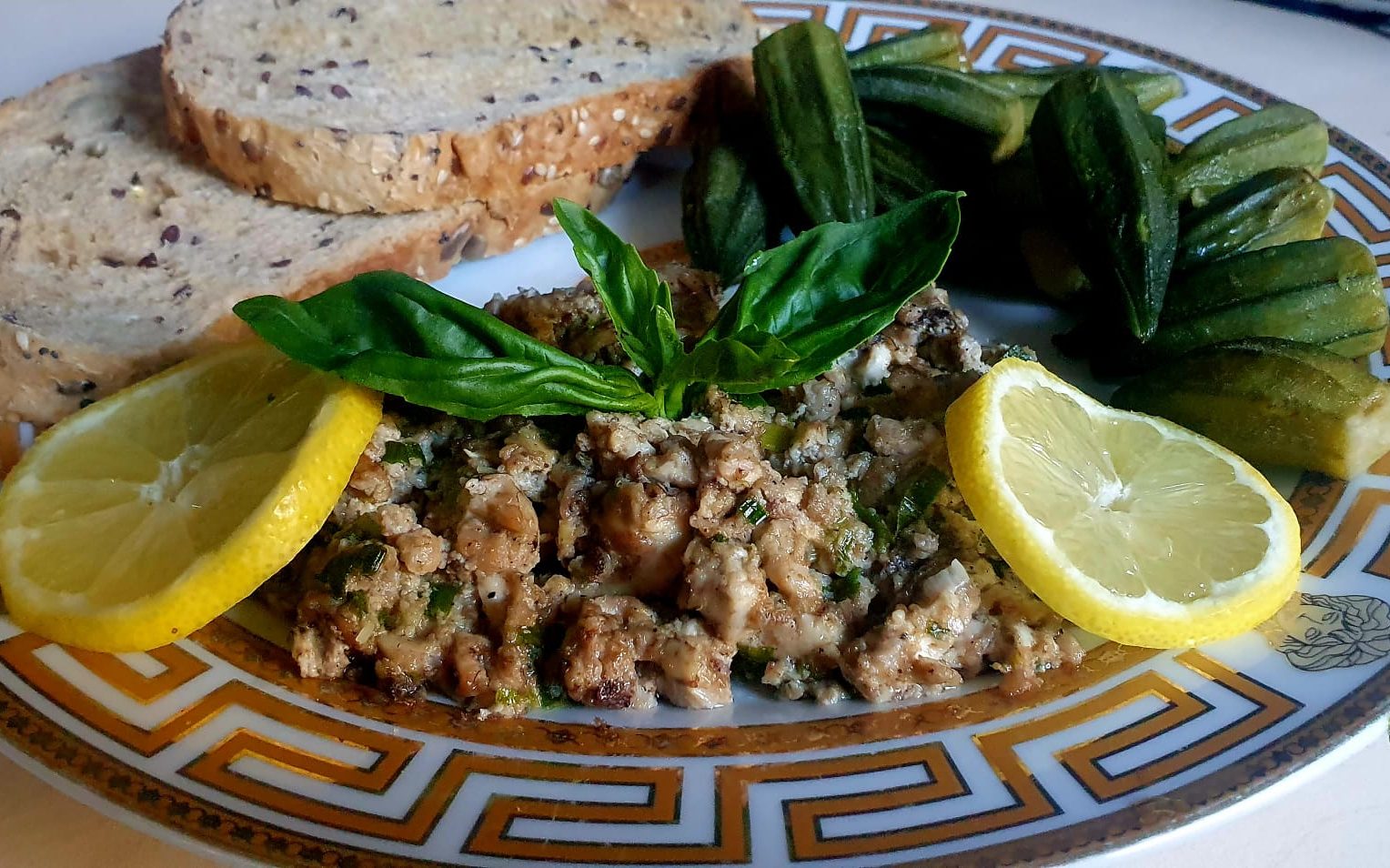 Garlic Herb Fried Brains with Tender Boiled Okra