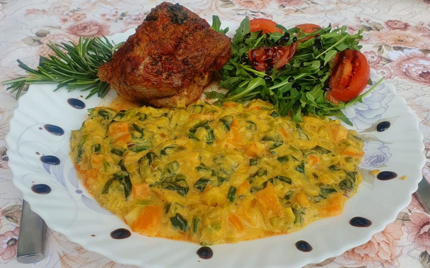 Springtime Wild Garlic Cream Stew served with Roast Lamb Delight and fresh Arugula salad